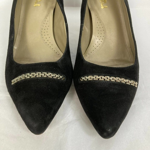 Van-Dal Whitwoth X Pumps Womens Sz 8 EEE Black Suede Gold Chain Heels - Picture 3 of 9